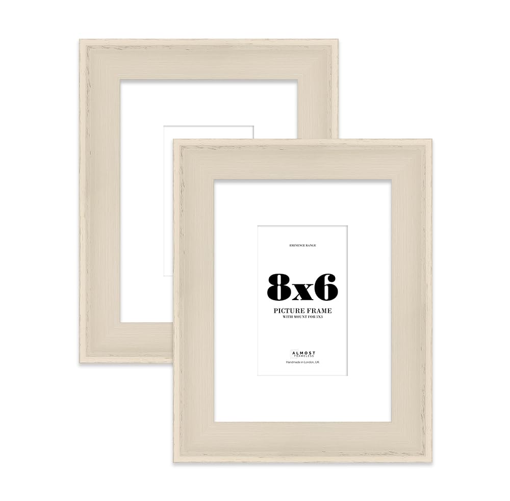 8x6" Cream Picture Frame with 5x3" Mount - Shabby Chic Photo Frame with Distressed Finish, Wall Hooks and Kickstand, 32mm Edge - 2 Pack