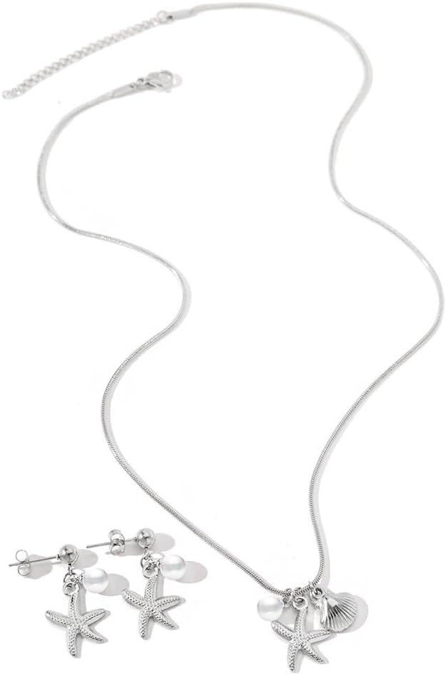 FDEETY 2 Stück Damenschmuck Set Edelstahl Damen Seestern Muschel Anhänger Halskette Ohrringe Set Stilvolles Design Premium Textur für Jeden Tag Urlaub（Silber）