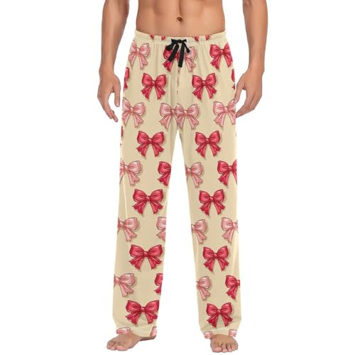 Men's Red Pink Bow Pajama Pants with Elastic Waistband | Soft Lounge Sleepwear | Breathable Sleep Pants for Home（502）