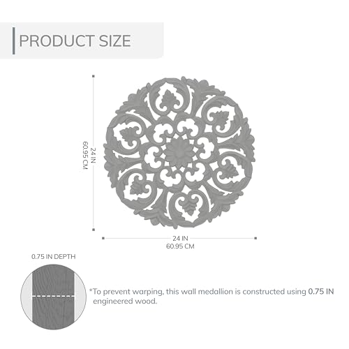Image of JFY Designs Blasius Hand Carved Wood Medallion Wall Panels Bedroom Decor | Wall Mount Floral Sculpture Wall Art for Living Room, Bedroom Set, White Distressed Finish, Round 24 x 24 inch