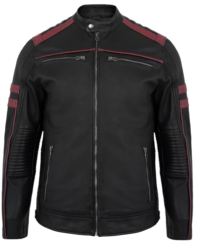 Image of Leather Jacket Men - Real Lambskin Motorcycle Jacket with Snap Tab Collar, Adjustable Waist & Zippered Pockets