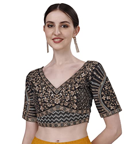 Image of Pujia Mills Mills Women's Fancy Readymade Heavy Coding Embroidary Worked Half Sleeve Multicolor Saree Blouse(Mushroom)