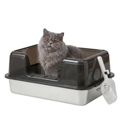 Image of Amazon Basics Stainless Steel Cat Litter Box with Elevated Anti-Splash PP Guard | Black | Open-Top Easy-Clean Litter Tray for Cats | 50.1L x 35.4W x 24.8H cm