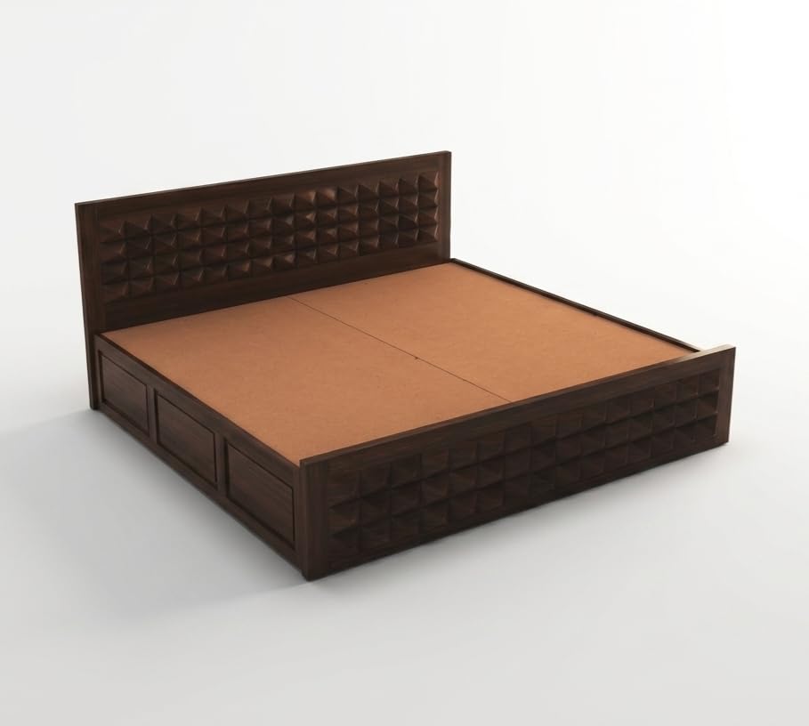 Image of Solid Sheesham Wood Queen Size Bed with Storage|Wooden Box Queen Size Double Cot Bed with Storage Box for Home,Bedroom,Hotel,Living Room|3D Diamond Carved Design Headboard|Walnut Finish