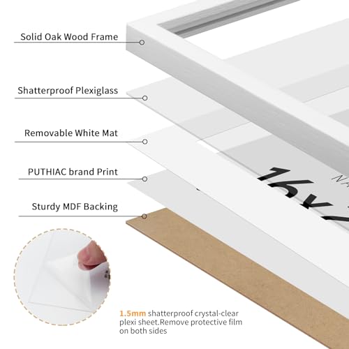 puthiac 16x20 White Picture Frames for Wall - Minimalist 16x20 Oak Wood Frames, 16"x20" Picture Frame Wood, Natural Solid Wooden Picture Frames for Wall Art Photo and Prints (1 Pack, White)