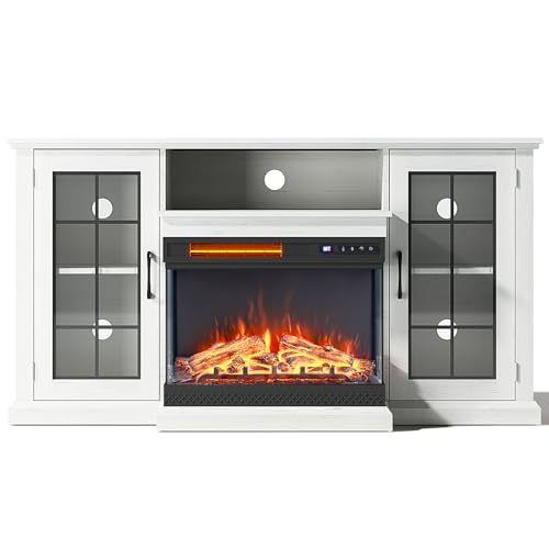 Warmiehomy Electric Fire Insert TV Stand, 59 TV Unit with Fireplace Built in, 12 Flame Effect Support, 24 3D Fireplace, Remote Control & Overheat Protection, White