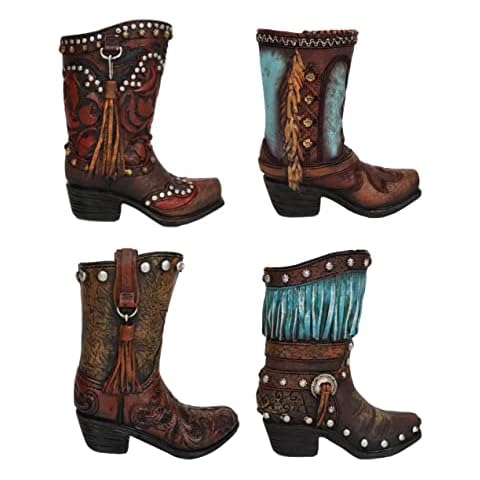 Ebros Gift Pack of 4 Rustic Western Southwest Cowboy Cowgirl Frill Tassels and Turquoise Artwork in Faux Tooled Leather Finish Boots Stationery Pen Pencil Make Up Tools Organizer Holder Figurines Cover