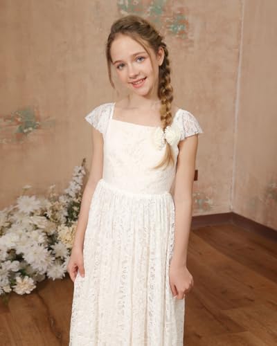 JISISANG Boho Lace Flower Girls Long Dress for Wedding Cap Sleeves First Communion Dress Girls A Line Princess Dress4