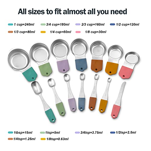 Magnetic Measuring Cups And Spoons Set, Stainless Steel Metal Stackable Nesting Measure Cups,Teaspoon, Tablespoon, 14 Pcs Silicone Handle Kitchen Cooking & Baking Tools, 7 Cups & 6 Spoons &1 Leveler #TOP1