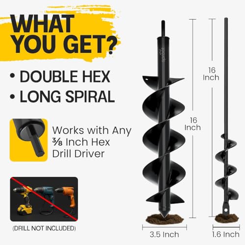 Image of Sproot Garden Auger Drill Bit for Planting 2 Pack 1.6x16 & 3.5x16 Inch - Umbrellas and Fences Auger Post Hole Digger for Gardening and Spiral Bulb Planter Tool - 3 /8 Inch Hex Drive Compatible