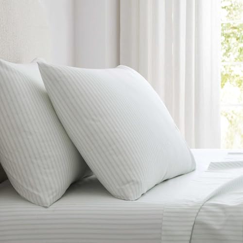 Image of Martha Stewart - Twin Size Sheets Set, Crisp & Tailored Cooling Sheets with a Smooth Cotton Percale Lightweight Feel - Bed Sheets with Matching Pillowcase & Fitted Sheet (Ticking Stripe Green)