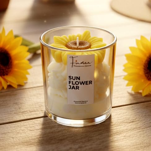 Image of Sunflower Scented Jar Candle - 220g 100% Organic Soy Wax - Aesthetic Yellow Floral Bloom Design - Luxury Spring Fragrance for Vasant Panchami & Home Decor