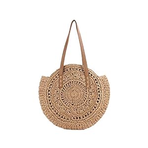 VOANZO Handgemaakte Grote Capaciteit Holle Circulaire Strozak, Modieuze Vrouwelijke One-Schouder Geweven Zomer Strandtas (Bruin)