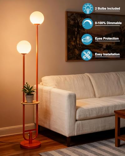 Image of Lightdot 63IN Orange Floor Lamp 2 Globe Mid Century Standing Lamps with Bulbs Included Unique Vintage Dimmable Tall Floor Lamp with 5Lbs Heavy Base for Living Room /Wedding /Sofa Beside /Corner Decor