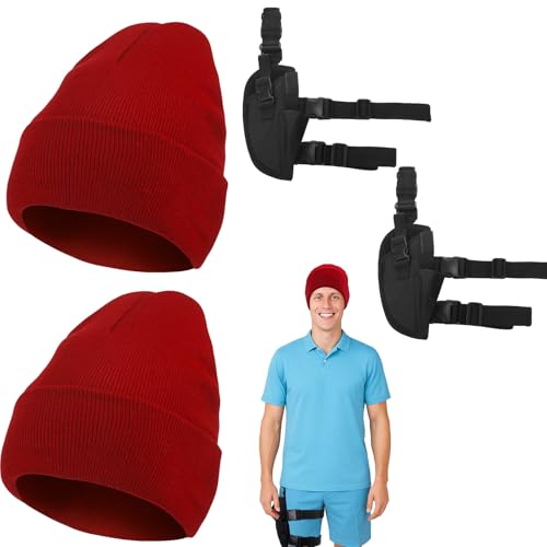 Yearntown 2 Sets Halloween Life Aquatic Cosplay Costume Red Long Knitted Beanie and Tactical Right Handed Leg Holsters Movie Themed Role Play Outfit for Halloween Party