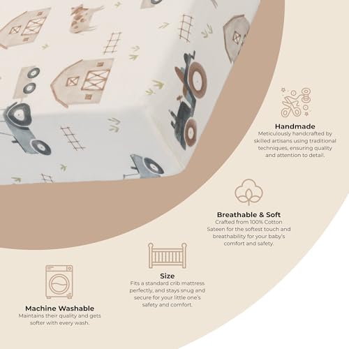 Image of Crane Baby Charlie Farmhouse Tractor Crib Fitted Sheet, 100% Cotton Baby Bed Sheets, Farm Nursery Decor, Crib Sheets for Boys, Baby Registry Gift, Tractor Nursery Decor