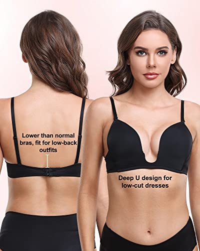 Hsia Deep Plunge Bras For Women Push Up Padded Wireless Seamless Low Cut Bra Multiway Convertible T Shirt Bra, Black 32B #TOP2