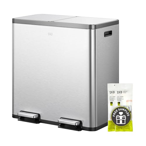 EKO EcoCasa Plus 2 x 10.6 Gal Dual Recycling Trash Can for Kitchen, Large Stainless Steel Step-On Garbage Can with Soft-Close Lids, Odor-Proof and Fingerprint-Resistant, Removable Buckets with Handles