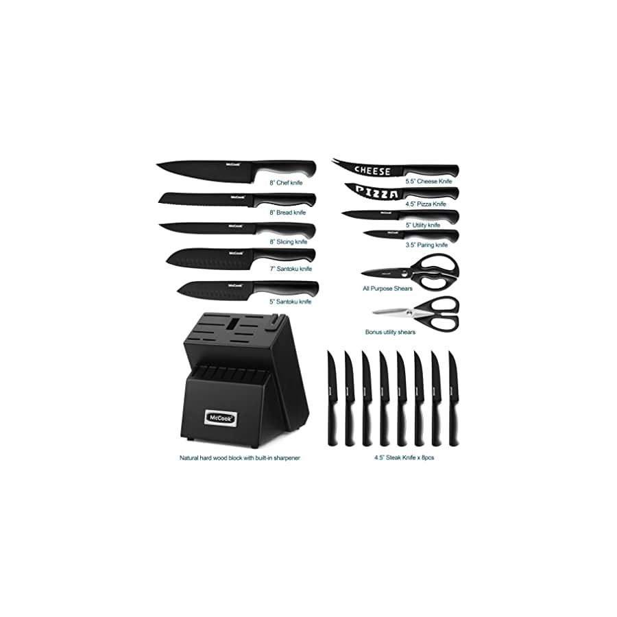 McCook® Premium Black Knife Sets,German Stainless Steel Kitchen Knives Block Set with Built-in Sharpener