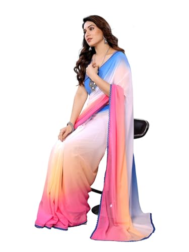 Image of RAJESHWAR FASHION WITH RF Ombre Plain Georgette Sarees For Women /College Girls Farewell With Digital Print Blouse