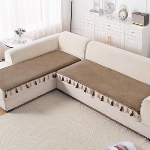 Image of HOKIPO Tassel Tone Sofa Cover L Shape 4 Seater Mat, Warm Taupe