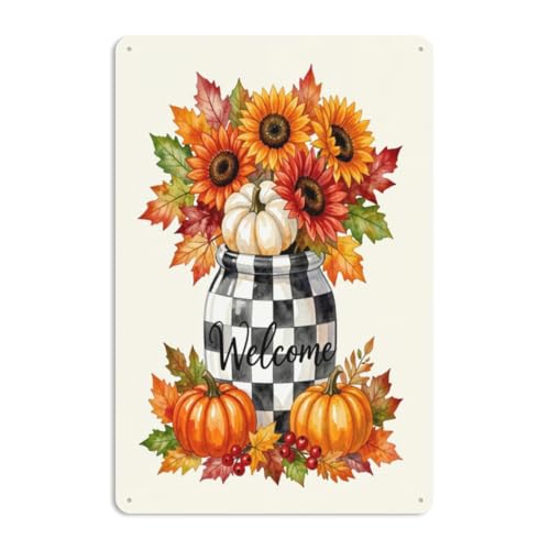 Checkerboard Mason Jar Pumpkin Tin Sign, Rust Free Aluminum Grade Reflective Sheeting Pre-Drilled Holes, Autumn Fall Decor for Pet Shop Cafe Bar Farmhouse Living Room Bedroom Courtyard 8"" x12