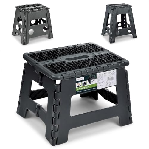 Rainberg Folding Step Stool 9 Inch Heavy Duty Folding Stool 250 lbs Capacity with Carrying Handle Portable Anti Slip Surface for Kids & Adults Kitchen Bathroom Camping (Black)