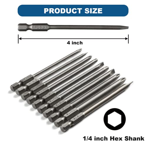 Vesttio Long Screwdriver Bit Set Slotted Sl3 Sl4 Sl5 Sl6 Phillips Ph1 Ph2 10Pcs 1/4 Inch Hex Shank 4 Inch/100 Mm Length S2 Steel With Magnetic For Power Screwdriver Drill Impact Driver #TOP3