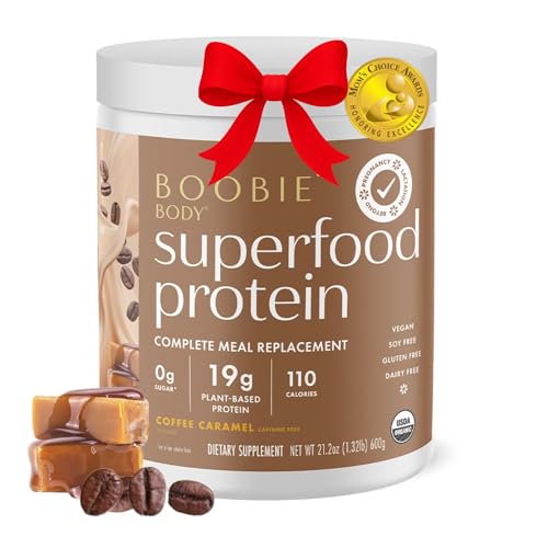 Boobie Body Superfood Protein Pregnancy and Postpartum Meal Replacement Shake, Coffee Caramel Flavor | 19g Protein | Safe for Lactation & Motherhood | Organic, Vegan, Zero Sugar, 1 Tub (20 Servings)