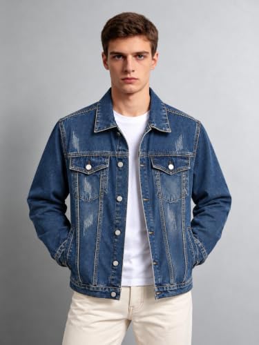 Image of Men's Indigo Blue Denim Jacket | Distressed Trucker Style | Regular Fit Casual Denim Jacket for Men | Premium Quality | Perfect for Casual & Outdoor Wear