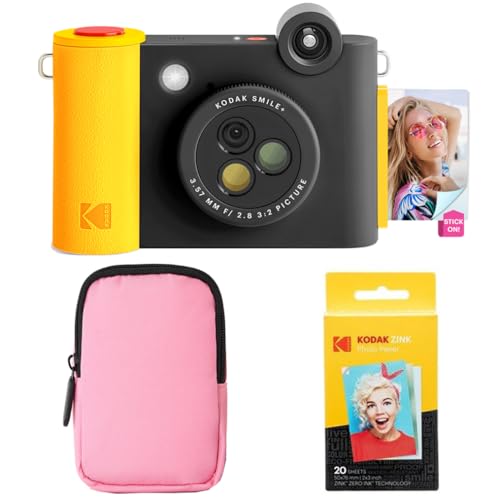 KODAK Smile+ 2-in-1 Digital Instant Print Camera & Wireless Bluetooth Photo Printer Starter Bundle + Soft Case + Zink 20pk Sticky-Back Photo Paper - 10MP, Special-Effect Rotating Lens - Black