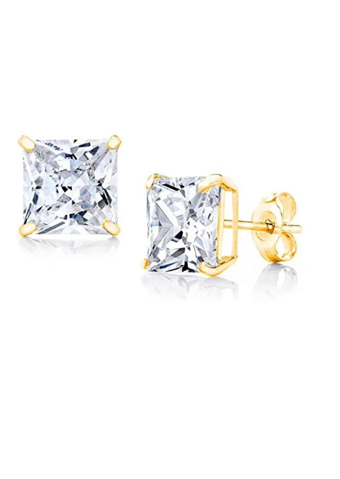 10k Yellow Gold Created White Sapphire 3 Carat Square Stud Plated Earrings