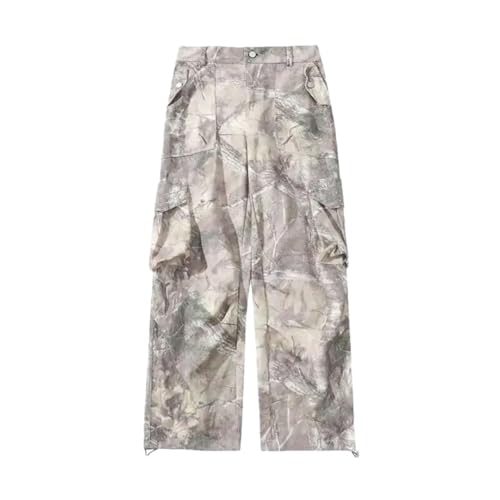 Men's Niche Design Denim Trousers Leaf Printing Big Pockets Drawstring Straight Leg Jeans Pants