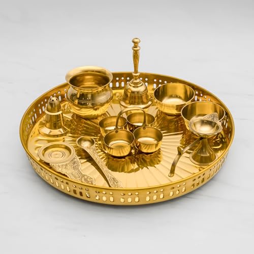 Image of Mkd2 Rise Brass Puja Thali Set (12 inch, Gold) - Set of 10 Pieces | Traditional Pooja Thali Plate | Puja Set for Home Decor, Temple, Office, Wedding and Return Gifts