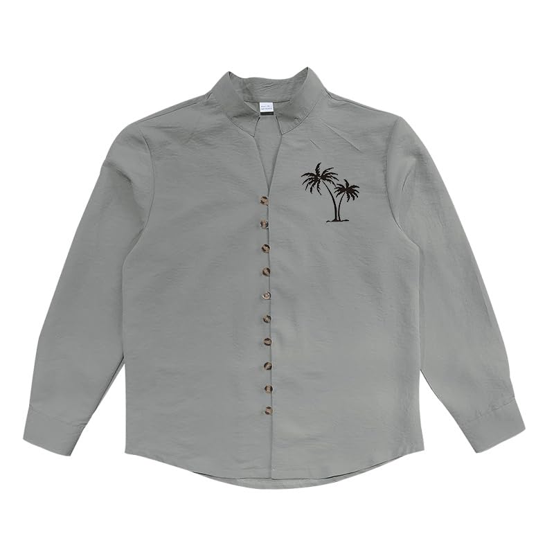 Men's Button Down V Neck Shirt Coconut Palm Print T-Shirt Long Sleeve Stand Collar Loose Fall Vacation Casual Tee Tops3