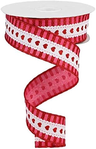 Hearts with Stripes Canvas Wired Edge Ribbon, 1.5 Inch x 10 Yards (Hot Pink, White, Red)