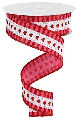 Hearts with Stripes Canvas Wired Edge Ribbon, 1.5 Inch x 10 Yards (Hot Pink, White, Red)