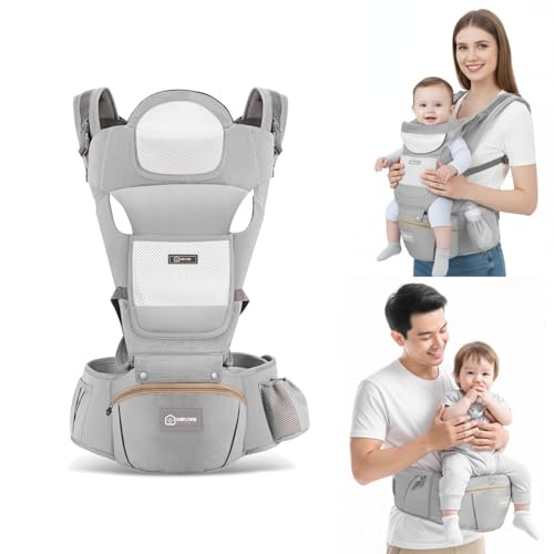 Image of Baby Hip Carrier with Detachable Hip Seat and Head Support, 6 in 1 Toddler Carrier M-Shape Ergonomic Baby Carrier Newborn to Toddler, Adjustable Shoulder Straps, Bottle Holder & Storage Pocket - Grey