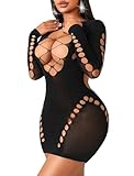 Avidlove Fishnet Lingerie for Women Sexy Womens Lingerie Dress Long Sleeve Fishnet Cut Out Lingerie Black