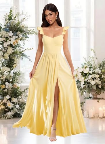 Women's Chiffon Bridesmaid Dresses with Slit V Neck Ruffle Pleated Corset A Line Formal Evening Gowns MT0023