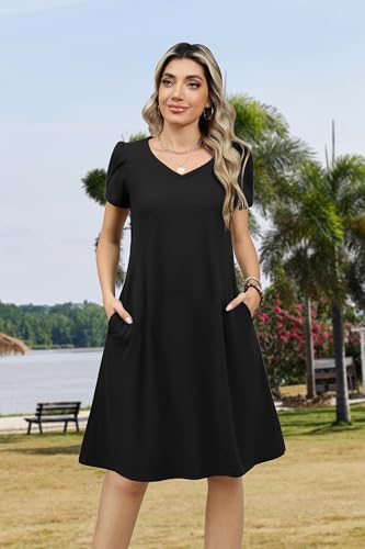 Image of Zeagoo Womens Summer A-Line Dress with Pockets Mini Short Sleeve Dresses Flowy Beach Swing Dress 2026 Vacation Travel