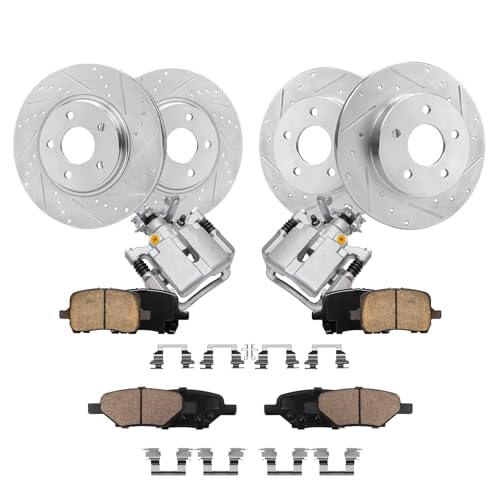Image of Detroit Axle - Brake Kit for Chevrolet Malibu Pontiac G6 Saturn Aura, Drilled & Slotted Brake Rotors Brakes Pads Rear Brake Calipers Replacement: 11.65 inch Front and 10.63 inch Rear Rotor