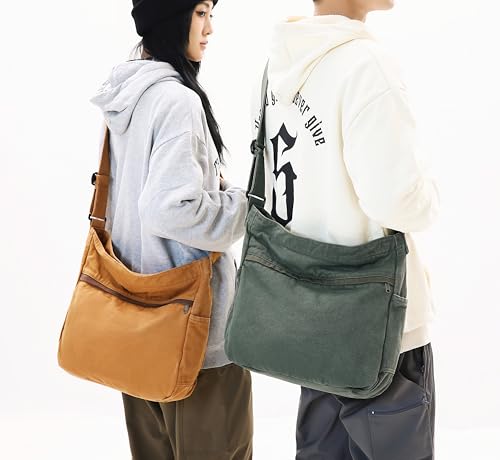 Image of Cotton Tote Handbag Women Canvas Crossbody Beach Bag Hobo Shoulder Tote Bag with 3 External Pocket,Zipper Closure