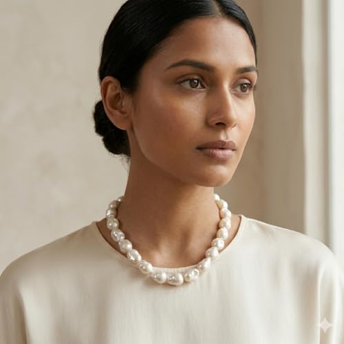 Image of OVANA Baroque Shell Pearl Necklace for Women | White Moti Mala | 925 Sterling Silver Adjustable Lobster Clasp | Elegant Pearl Jewellery | Statement Necklace Gift for Women