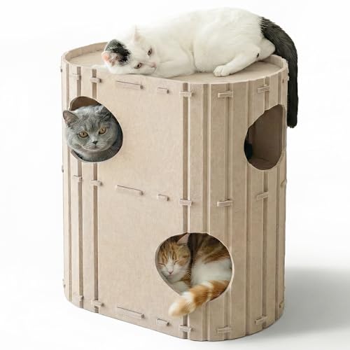 PETKARAY 2-Story Felt Cat House, Large Bed Cave for Indoor Cats, Felt Tunnel Hideaway Condo for Multi-Cat Households, 23.6x22x12 inches, Grey