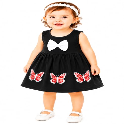 Image of Baby Girls Cotton Sleeveless Butterfly Print A-Line Frock Dress with Bow.