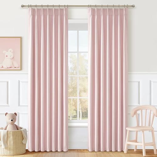 Image of Baby Pink Modern Pinch Pleated Curtains & Drapes 84 Inch Length 2 Panels Set for Living Room, Blackout Thick Linen Blend Thermal Privacy Baby Girls Room Window Curtain with Hooks Ring 40 inchx84 inch