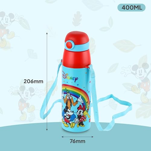 Image of CELLO Kidzbee Series Orb 400 Inner Steel Insulated Water Bottle, 380ml, Light Blue | 3D Touch & Feel Mickey Family Design | Leakproof Flip Top Spout, Easy to Carry | Cold Water Bottle for Kids School