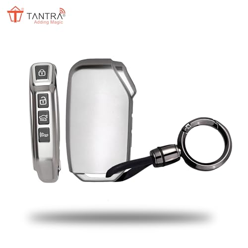 Image of SIAGO TPU Key Cover and Round Keychain Compatible for Kia Seltos 2023 Facelift HTX | Carens X Line 4 Button Smart Key (Grey)