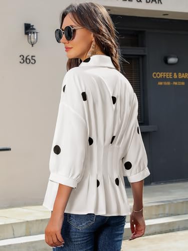 Women Pleated Peplum Blouse 3/4 Sleeve Button Down Cinched Waist Shirt Fitted Flattering Office Daytime Top